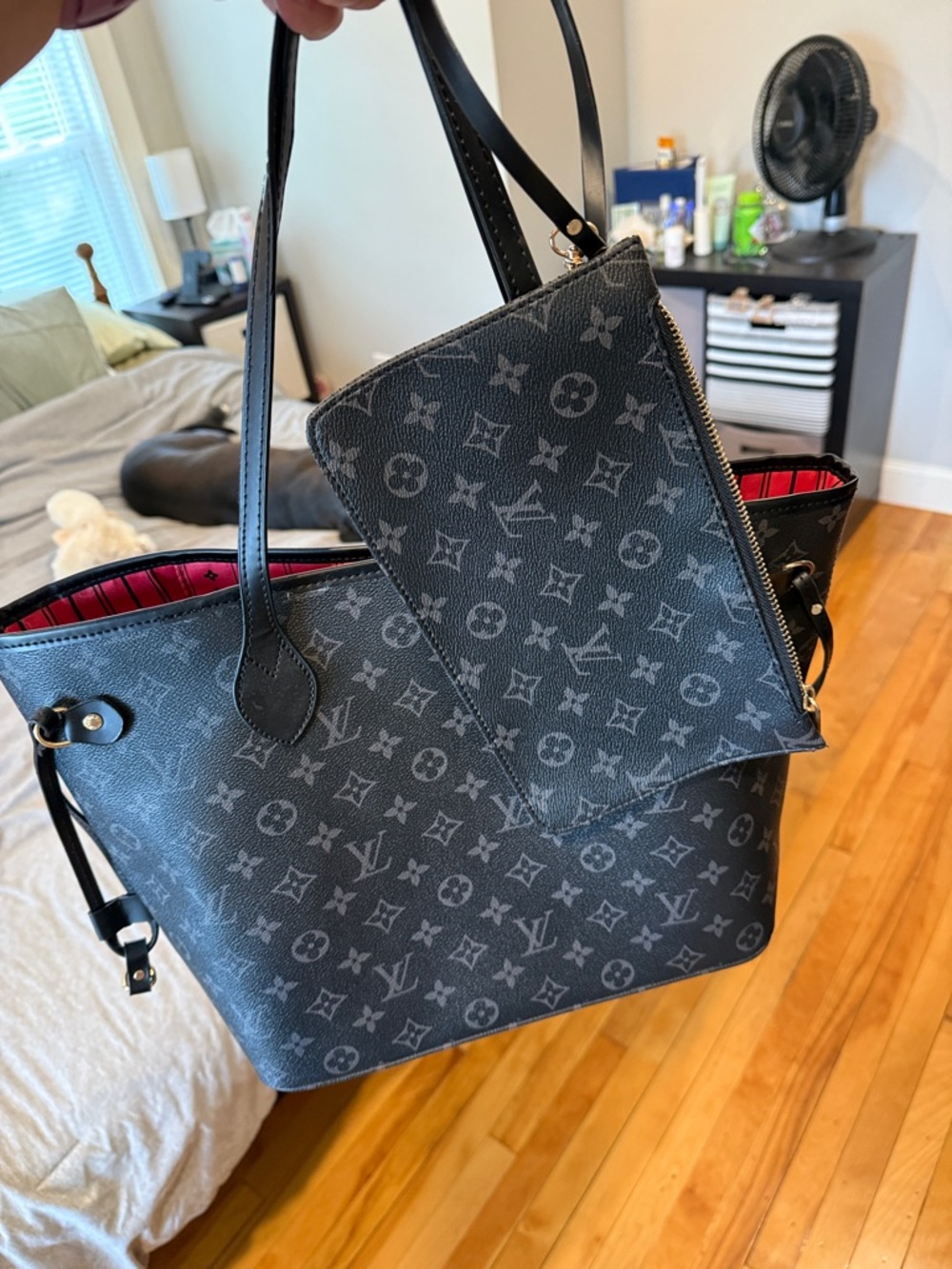 Designer KO Monogram Tote in Graphite with Red Interior